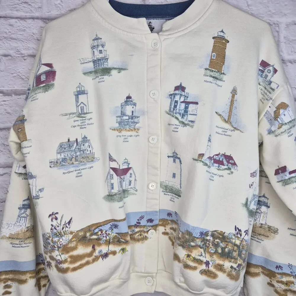 Vintage Lighthouse Point Sweatshirt Cardigan M Coastal Grandma Cream Nautical 90